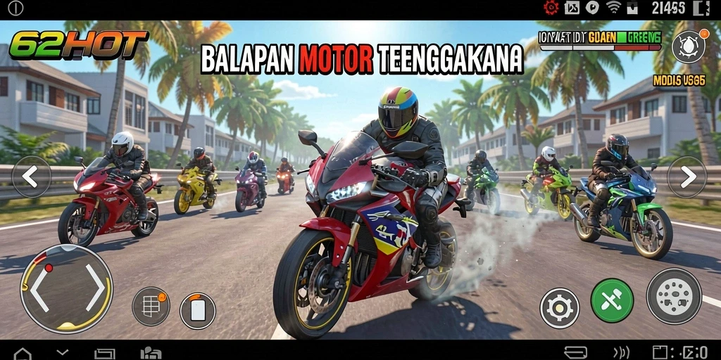 Screenshot gameplay menampilkan balapan motor yang penuh aksi.