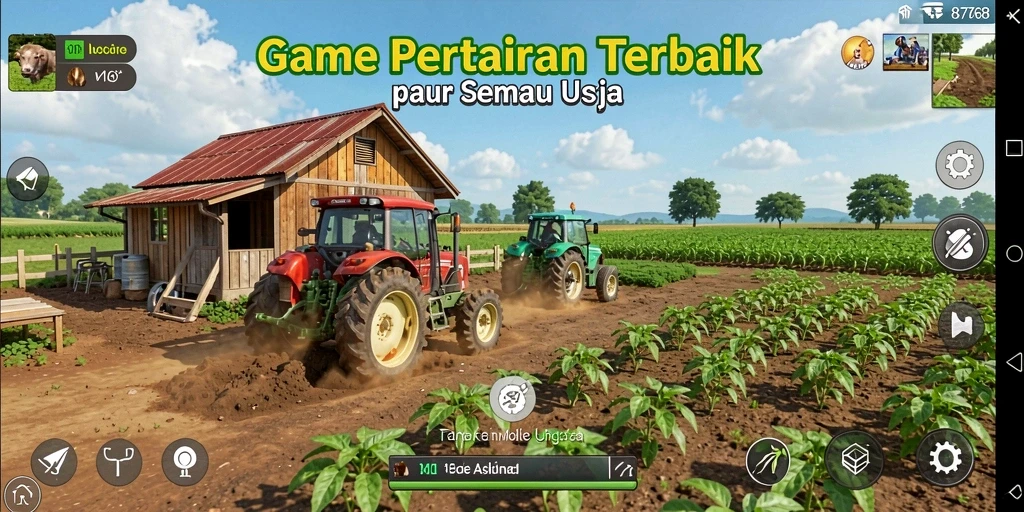 Screenshot gameplay menampilkan taman hijau subur dalam 8768.