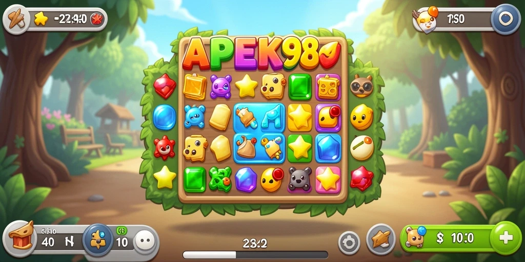Tangkapan layar APEK88 menunjukkan gameplay seru Match-3 yang penuh warna.