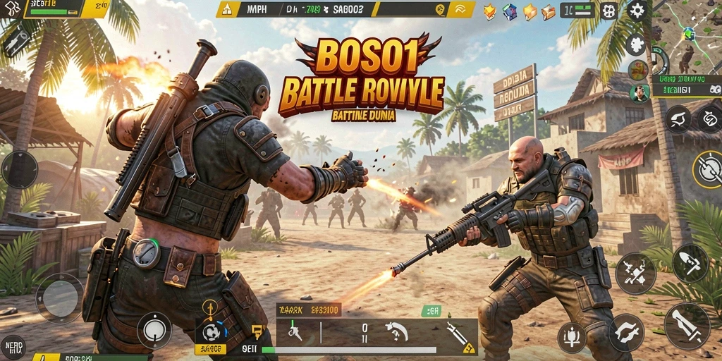 Gameplay seru di BOS01 yang penuh dengan aksi Battle Royale.