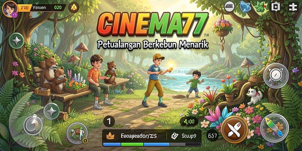 Screenshot gameplay CINEMA77 menampilkan kebun yang hijau dan subur.