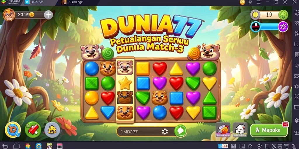 Screenshot utama DUNIA77 menampilkan gameplay seru dan warna-warni Match-3.