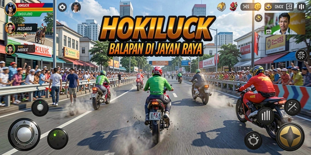 Gameplay HOKILUCK menampilkan mobil balap yang melaju kencang di lintasan.