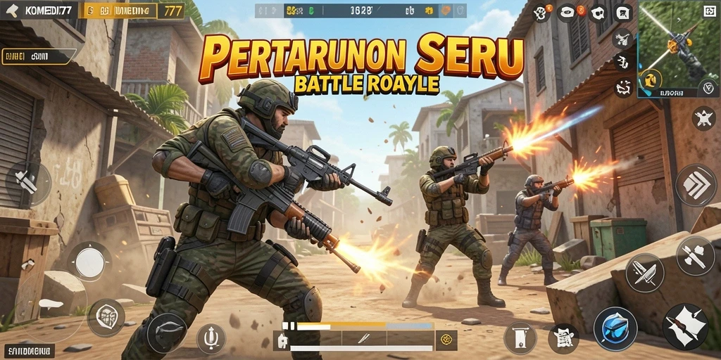 Tangkapan layar utama KOMEDI77 dengan aksi Battle Royale yang seru.