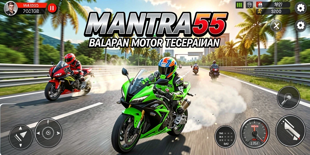 Tampilan gameplay seru dan mendebarkan di MANTRA55 saat berlomba.
