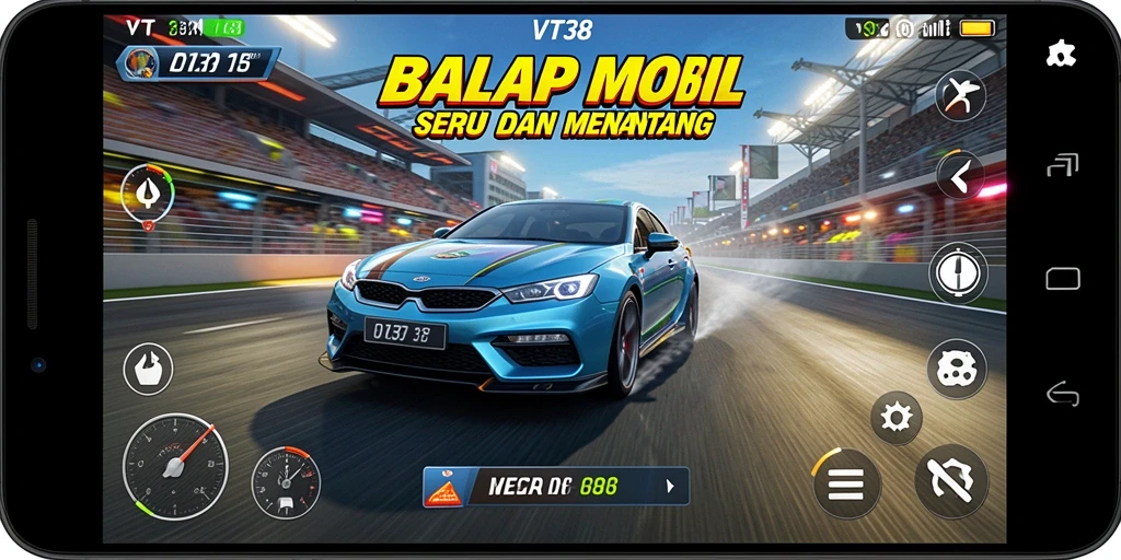 Screenshot memperlihatkan aksi balap mendebarkan dalam VT38