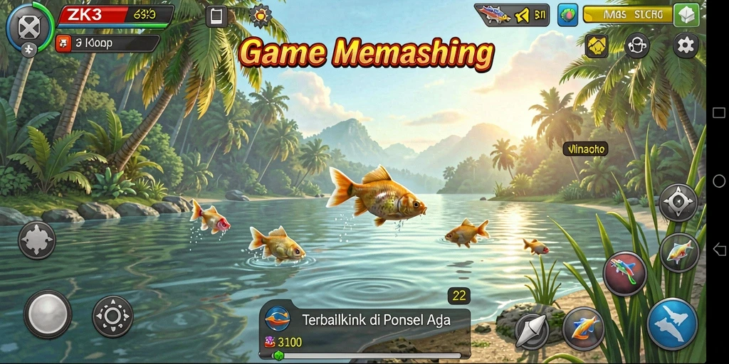 Tampilan gameplay ZK3 menunjukkan keseruan memancing di berbagai lokasi.